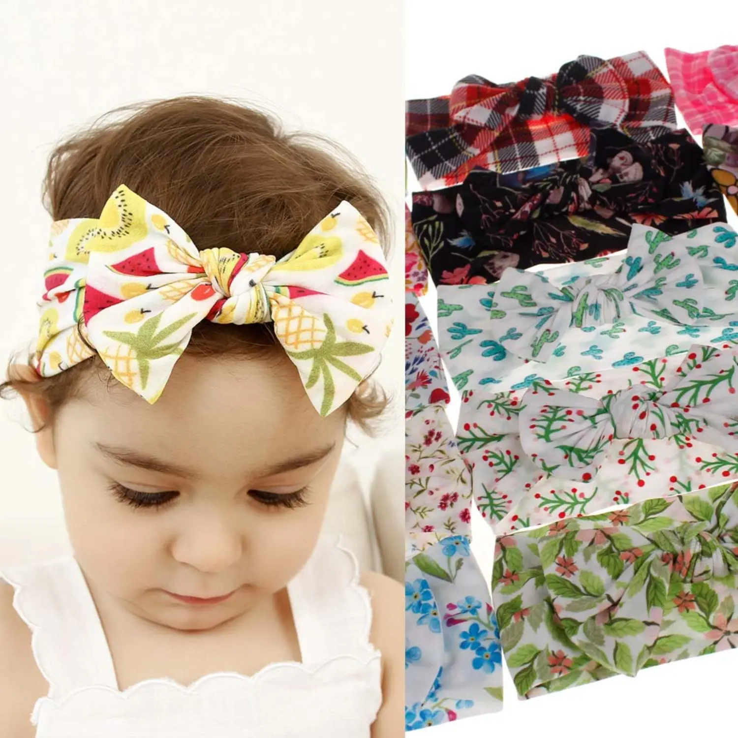 Baby Headbands for Toddlers & Newborns, Soft Cotton Big Bow Hair Wraps with Elastic Floral & Plaid Prints for Sports, Baby Head Wrap, #10 Blue Flowers, Newborn, Infant