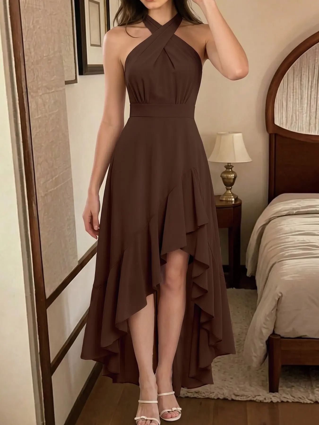 Brown Halter Neck High Low Midi, Women's Sleeveless Cross Neck Ruffle Flowy, Elegant Classy Flattering, Formal Party Cocktail, Slim Waist Asymmetrical Hem Dress for Wedding Guest, Prom, Date Night & Evening Occasions, Trendy Going Out Dress