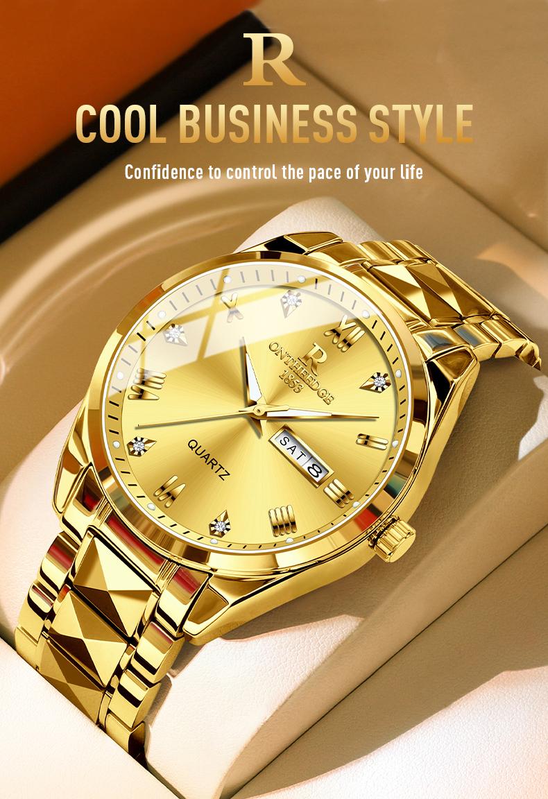 Men's Luxury Gold Tone Quartz Watch - Stainless Steel Wristwatch with Day & Date Calendar, Crystal Diamond Accents, Roman Numerals, Elegant Business Dress Watch, Perfect Gift for Husband Dad