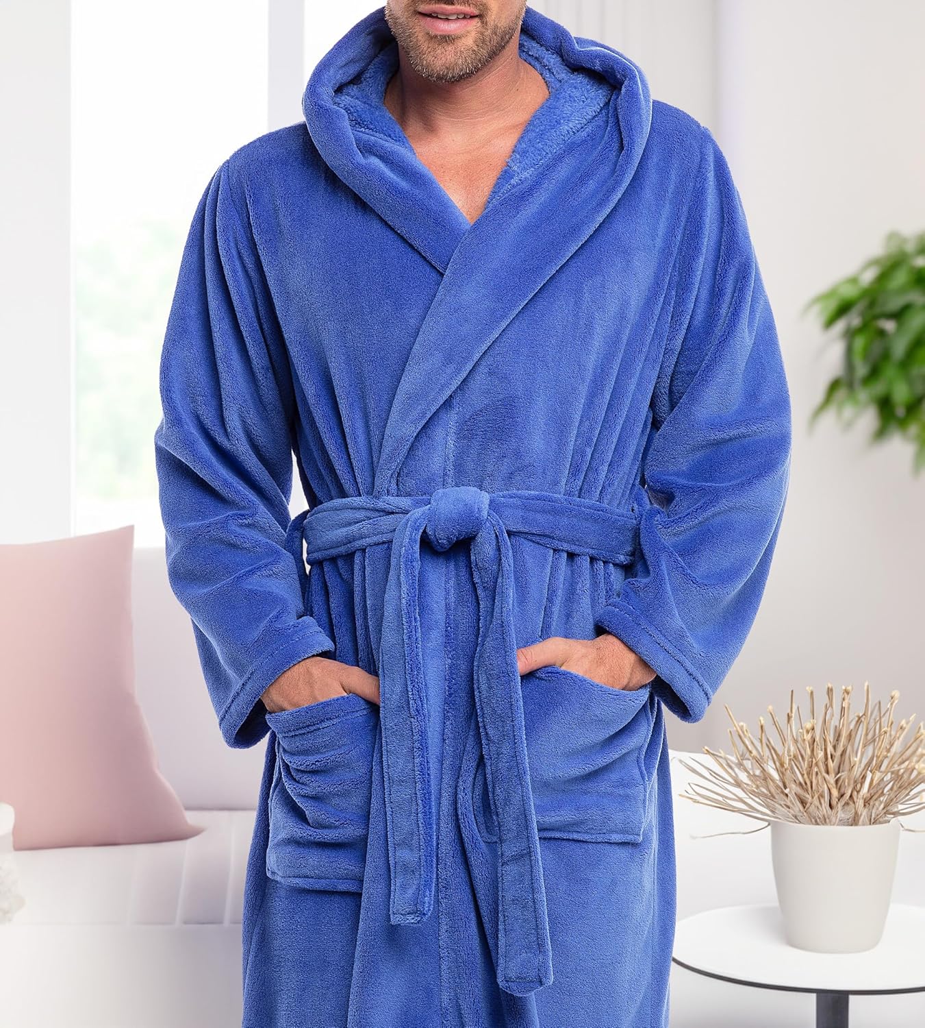 Alexander Del Rossa Mens Robe With Hood, Plush Fleece Hooded Mens Bathrobe, Big And Tall Bath Robe For Men