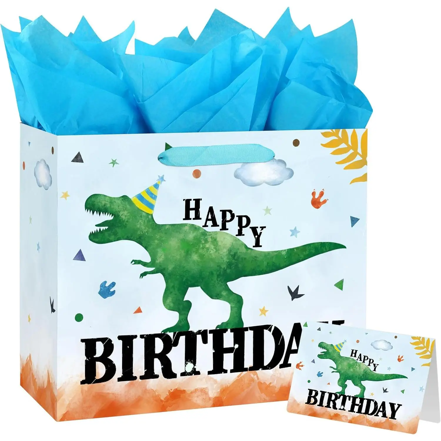 13x10.2" Synthetic Large Watercolor Dinosaur Birthday Bag Set, Set Includes Handles, Greeting Card and Tissue Paper for Boys - Office Stationery Gift Giving Supplies