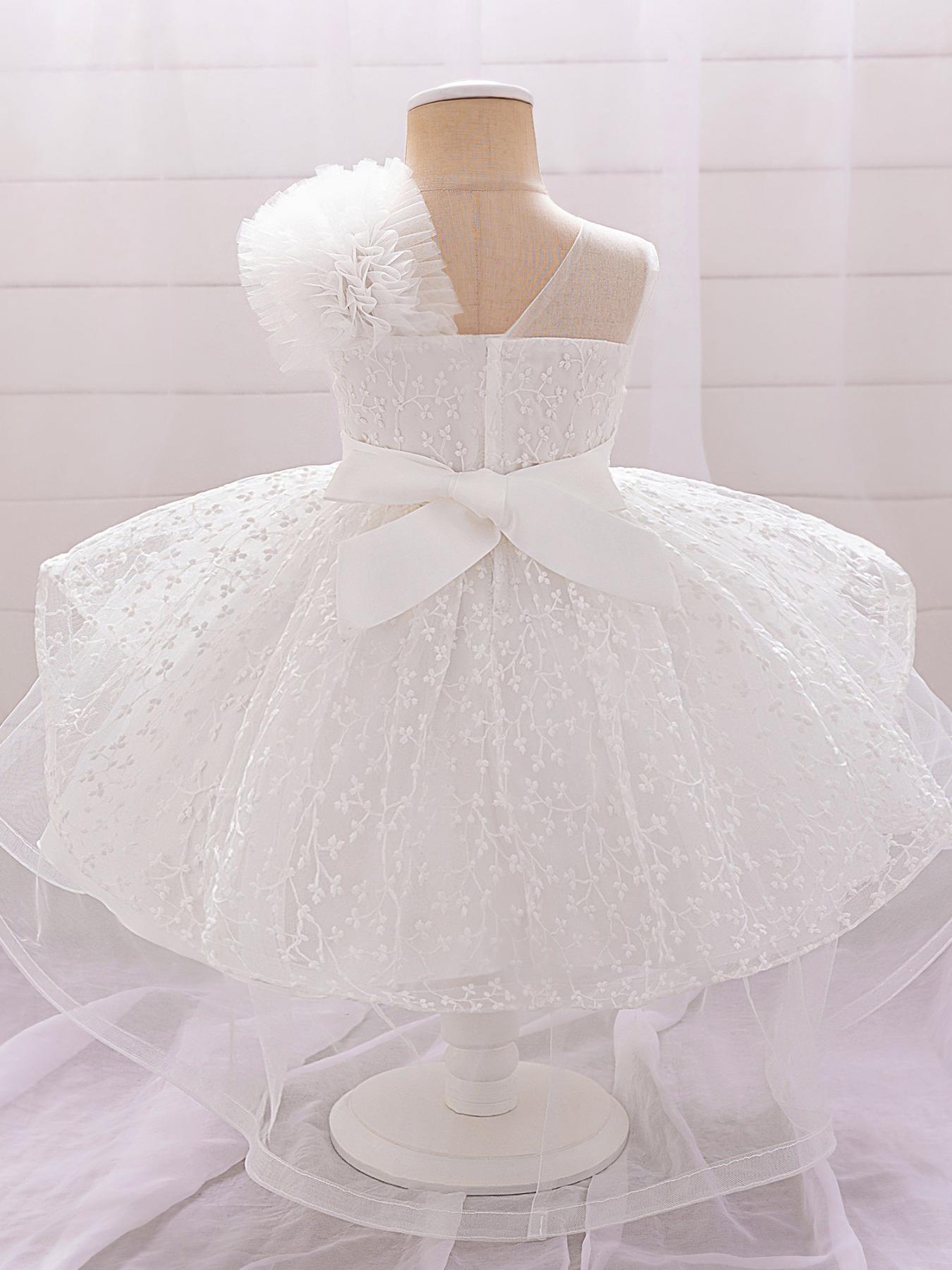 Baby Girl's Floral Print Mesh Ruffle Trim Dress, Elegant Cute Flower Decor Sleeveless Dress for Party Wedding Guest, Infant Toddler Kids Clothes for All Seasons