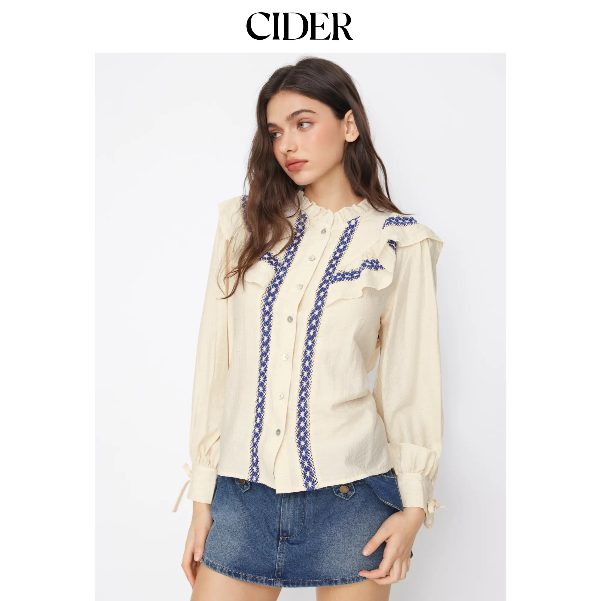 Cider Linen-blend Stand Collar Long Sleeve Embroidery Ruffle Trim Knotted Blouse