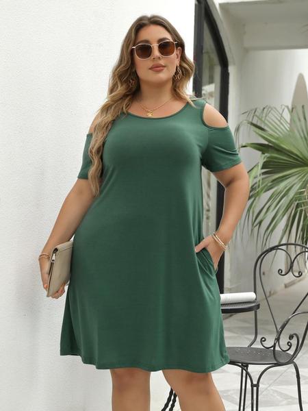Women's Round Neck Off-Shoulder Elastic Casual Long Dress, Plus Size, Comfortable Fabric, Perfect for Travel & Various Occasions