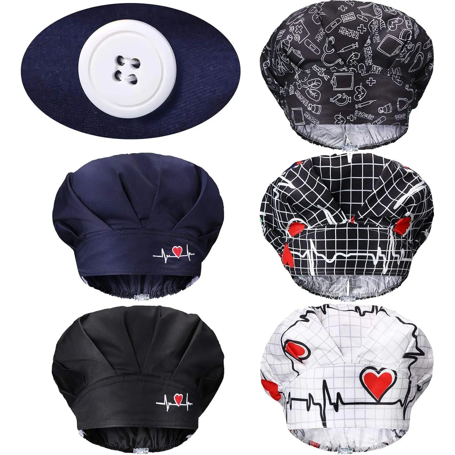 Universal 5-Piece Adjustable Unisex Floral Print Bouffant Caps with Buttons, Sweatbands, Tie-Back - Nurse Workwear Hats, Family Gifts