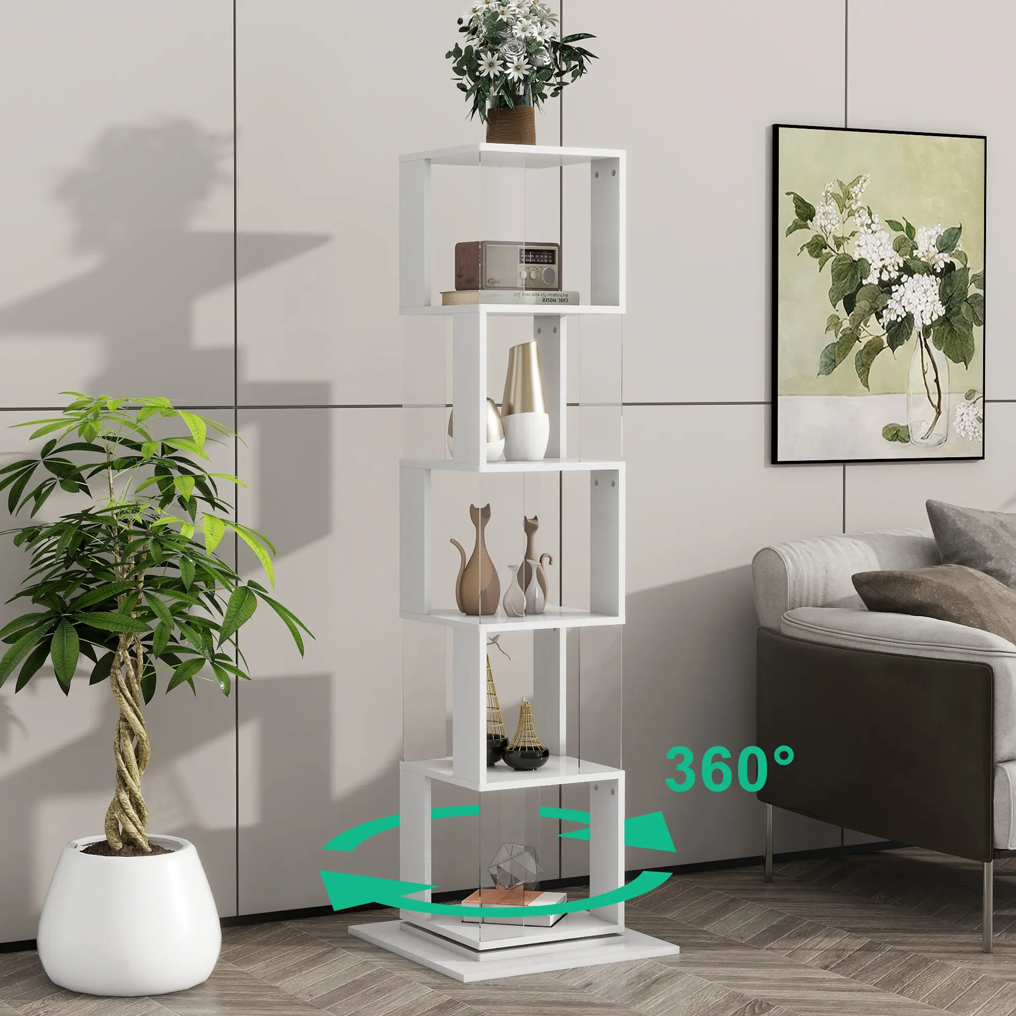 360° Rotating Bookshelf with Acrylic Plate, 5-Tier Tall, Floor Rack Simple Bookcase, Modern Display Shelf for Living Room/Home Office/ Bedroom