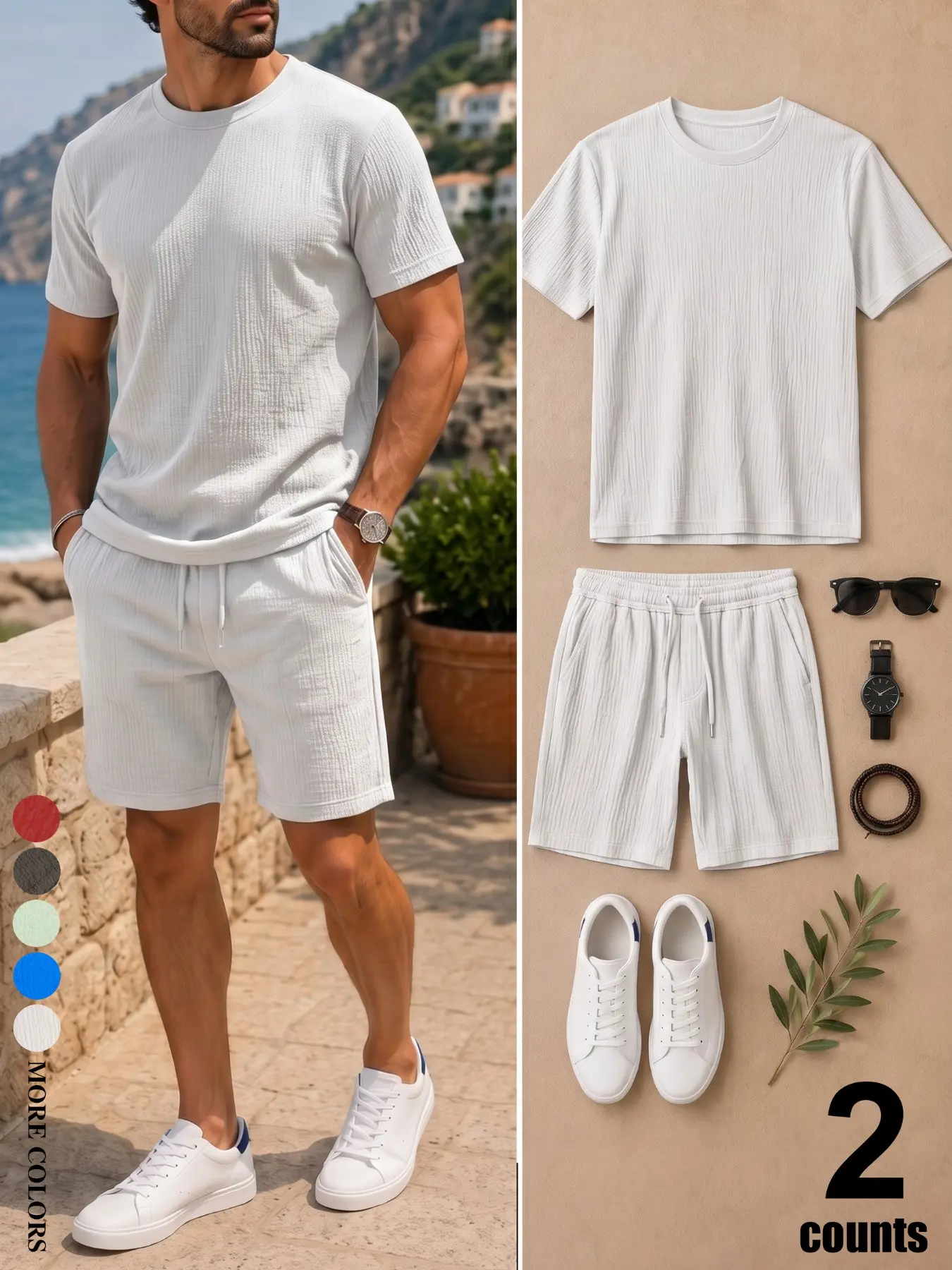 Men's Summer Everyday Suit, Yacht Vacation, Beach Vacation, Lightweight and Breathable Fabric, Work, Outdoor, Urban, Loose Fit, Trendy, Street Style, Casual, Youthful, Simple, Retro, Versatile, Textured, Stylish, Individualistic, Sporty, Outfit