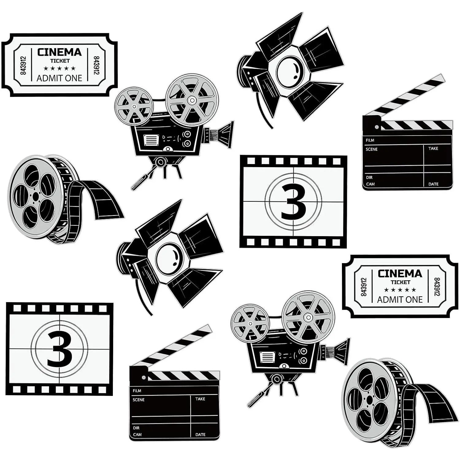 12-Count Large Retro Cardboard Movie Night Cutouts, Double-Sided Home Decor Party Supplies with 6 Styles (Clapboard, Camera, Spotlight) for Cinema Events, Wall Decoration