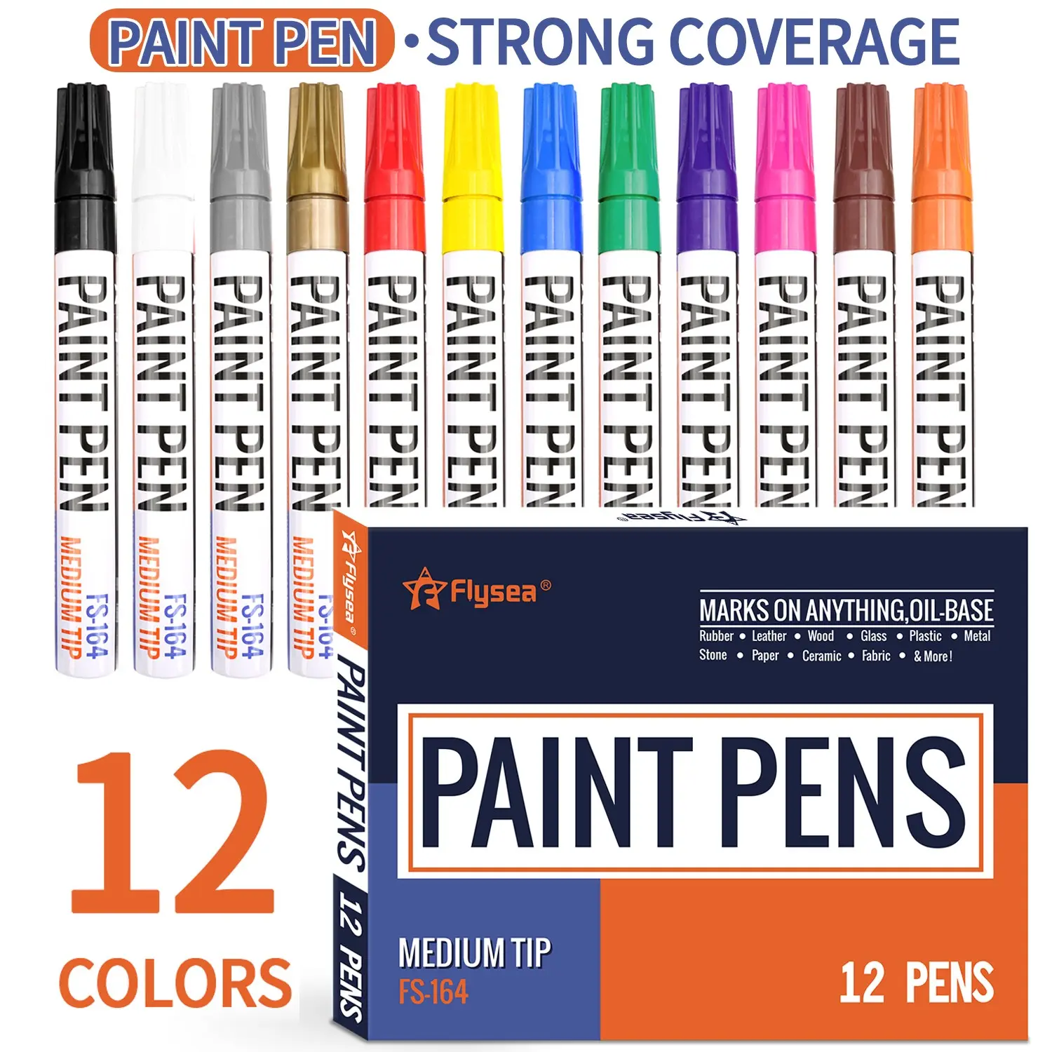 Flysea Oil-Based Paint Pen Set, 12 Colors Fast-Drying Permanent Markers, Medium Tip, Suitable for Metal, Wood, Fabric, Plastic, Glass