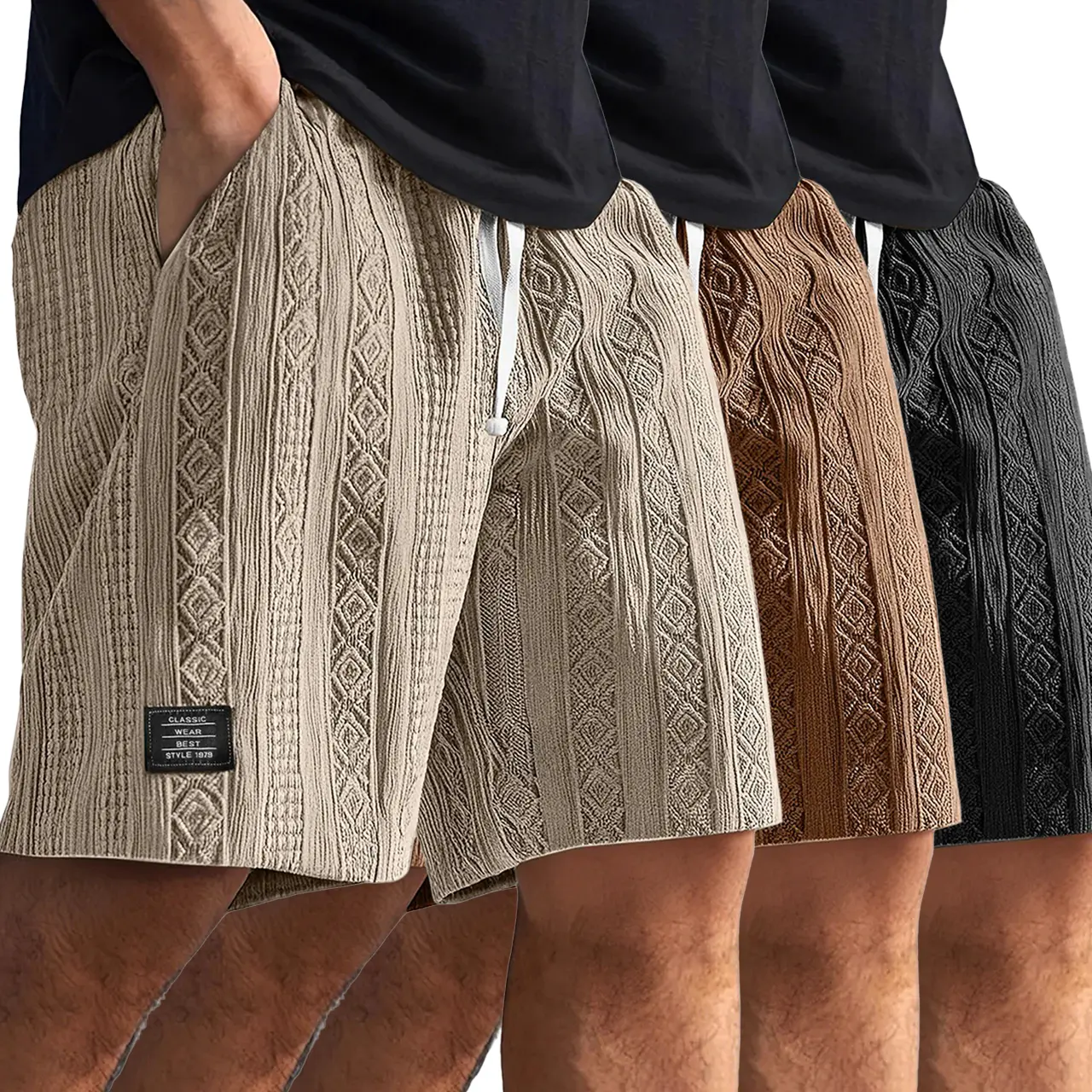 Men's 3-Pack Fitted Cut Korean Preppy Casual Shorts - Adjustable Drawstring, Solid Summer Style, Above the Knee, Neat Outer Design, Vacation Wear for Matching Different Tees (Menswear Bottoms), Men's Shorts