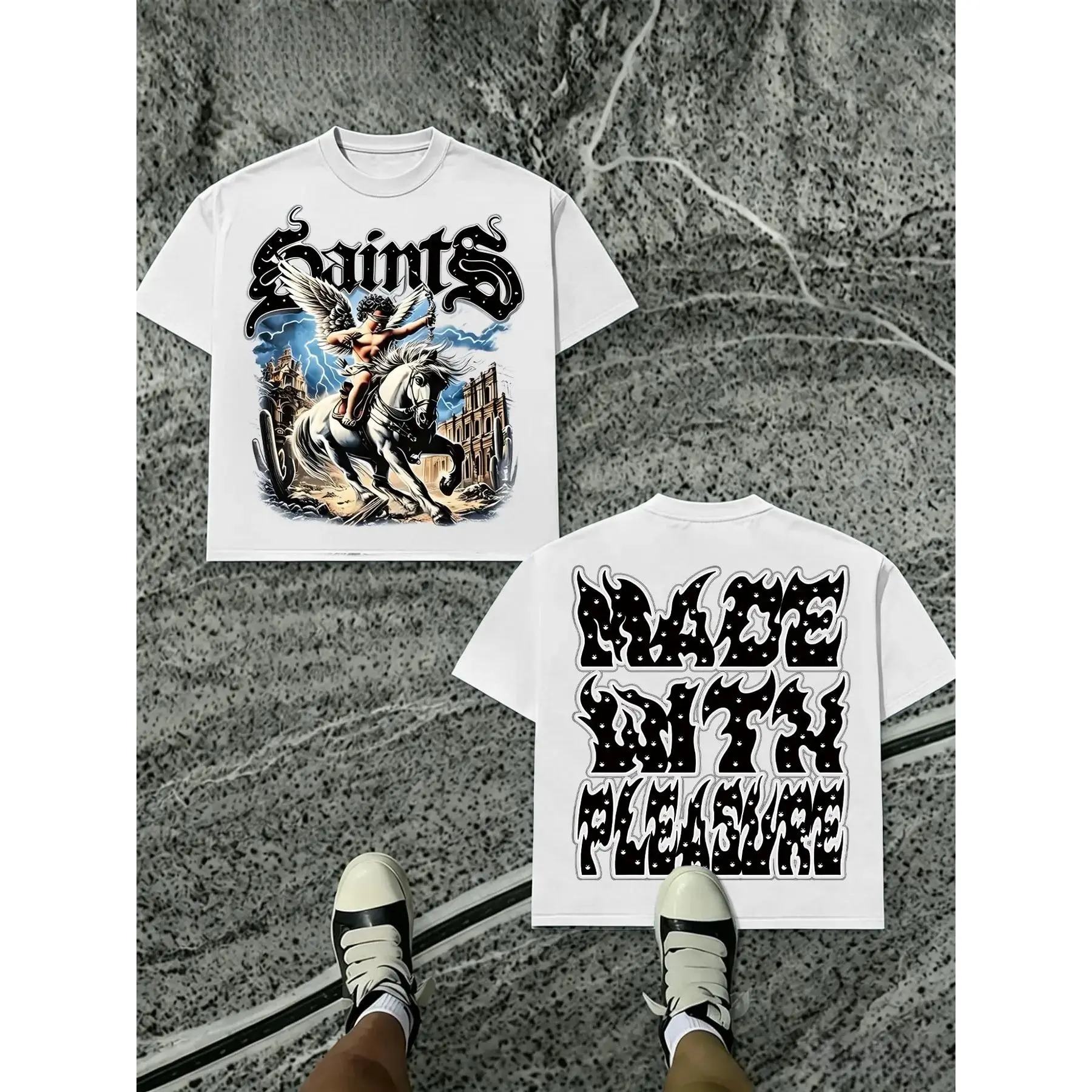 Men's Gothic Angel Print T-Shirt, Menswear, Dark College Streetwear, Heavy Metal Aesthetic, Double-Sided Design, Casual Short Sleeve Top, Fashion graphic teesUnisex graphic clothing