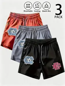3-Pack Men's North Carolina Tar Heels Print Ice Silk Quick-Dry Shorts, Loose Drawstring Zip Pockets, Breathable Lightweight, All Seasons