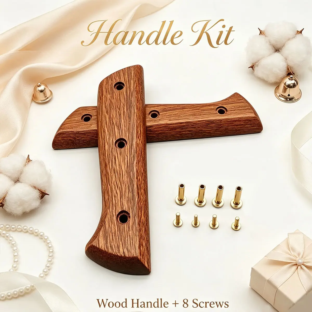 Wooden Non-Slip Durable Handle Set with 4 Pairs of Stainless Steel Locking Screws, Replacement Wood Handles for DIY Projects, Craft Supplies