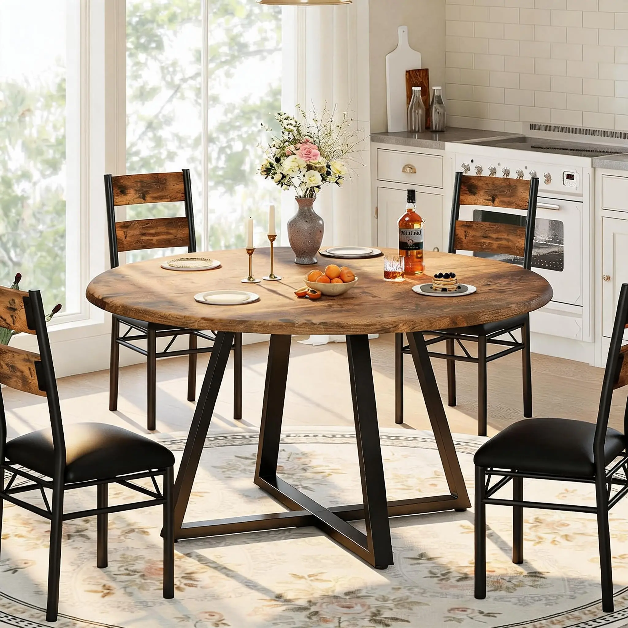 5-Piece Round Dining Table Set for 4 – Space-Saving Design, Compact Table with 4 Upholstered Cushioned Chairs – Sturdy Wood & Metal – Rustic Brown or Gray