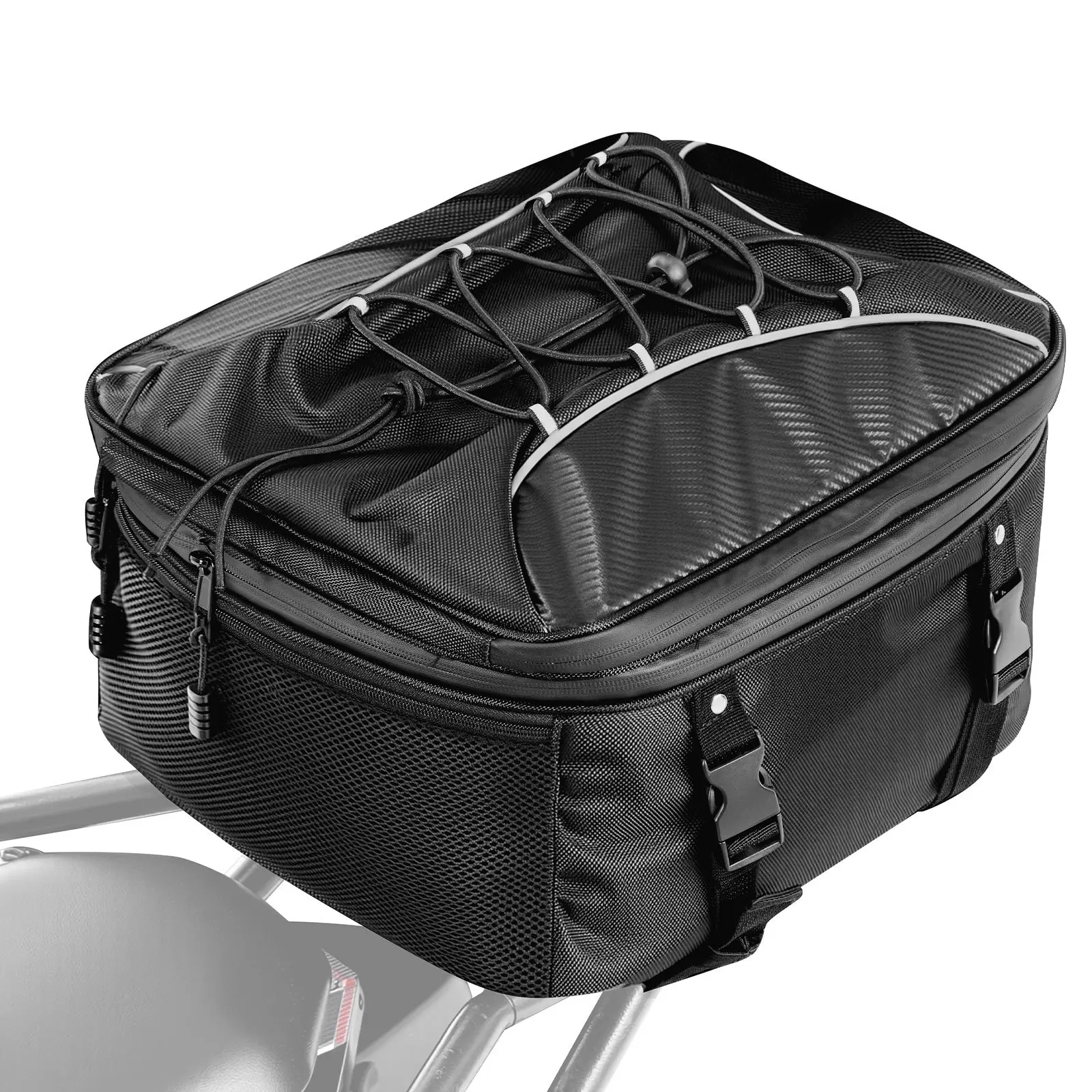 VEVOR Nylon+Leather Motorcycle Tail Bag, 22-34L Expandable Rear Seat Bag for Most Bikes with Waterproof Rain Cover, Quick Install Straps, Pocket & Elastic Cord, Black Outdoor Motorbike Luggage