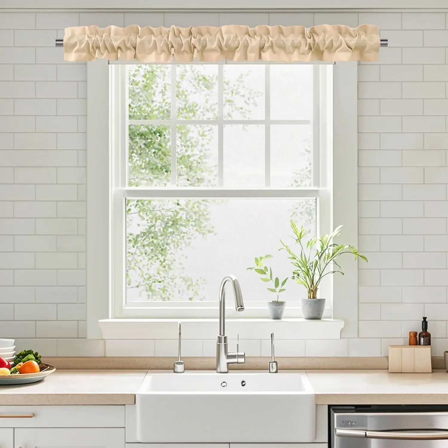 Sleeve Topper with Top Bottom Ruffle Sleeves Valances Home Décor Window Treatment Bedroom Nursery Kitchen Window Curtain Header, 58" x 5",1 Piece, Plain-Beige