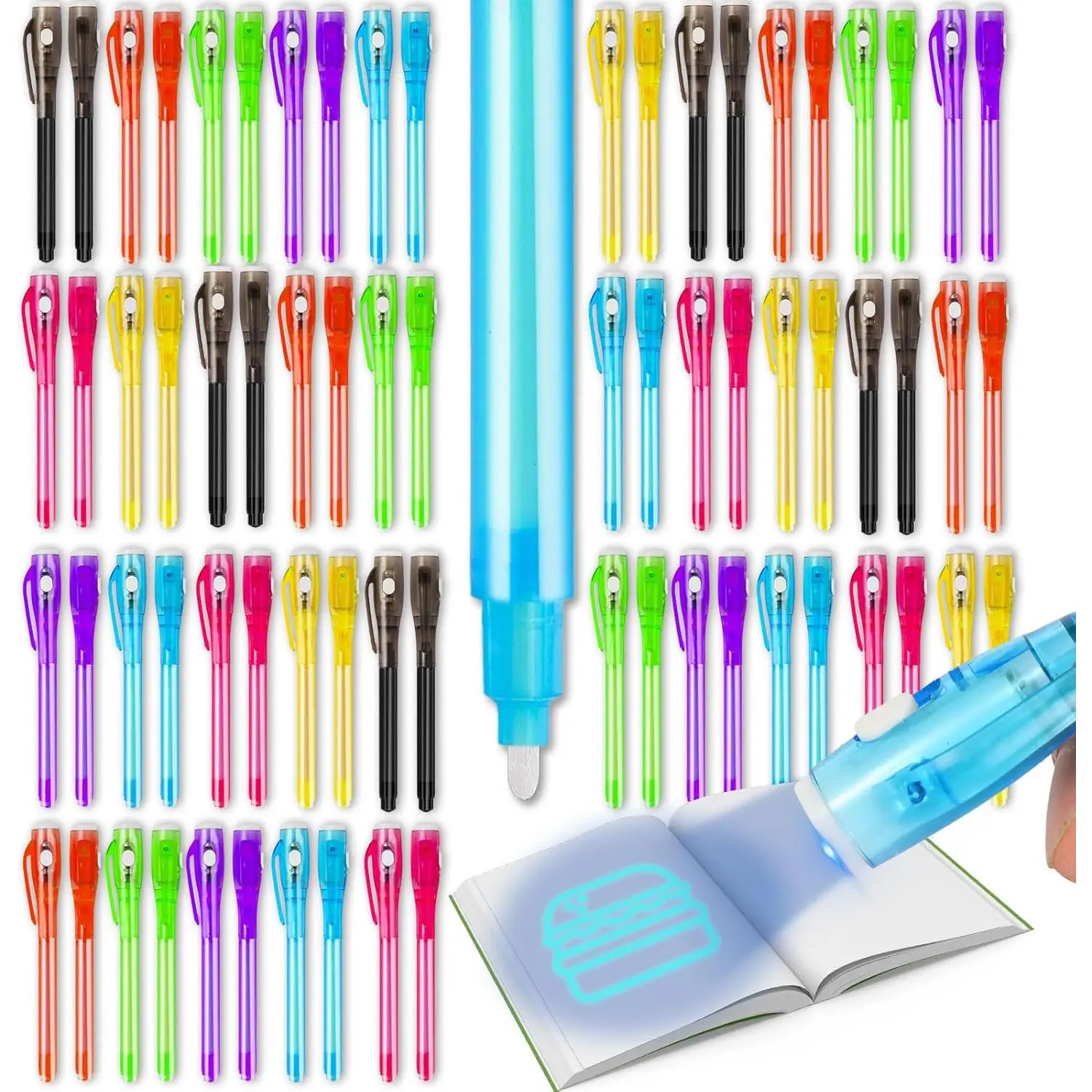 70PCS Invisible Ink Pens with UV Light 7 Colors Spy Pens for Secret Messages Fun Party Favors Halloween Christmas Stocking Stuffers Treasure Hunt Classroom & Birthday Gifts