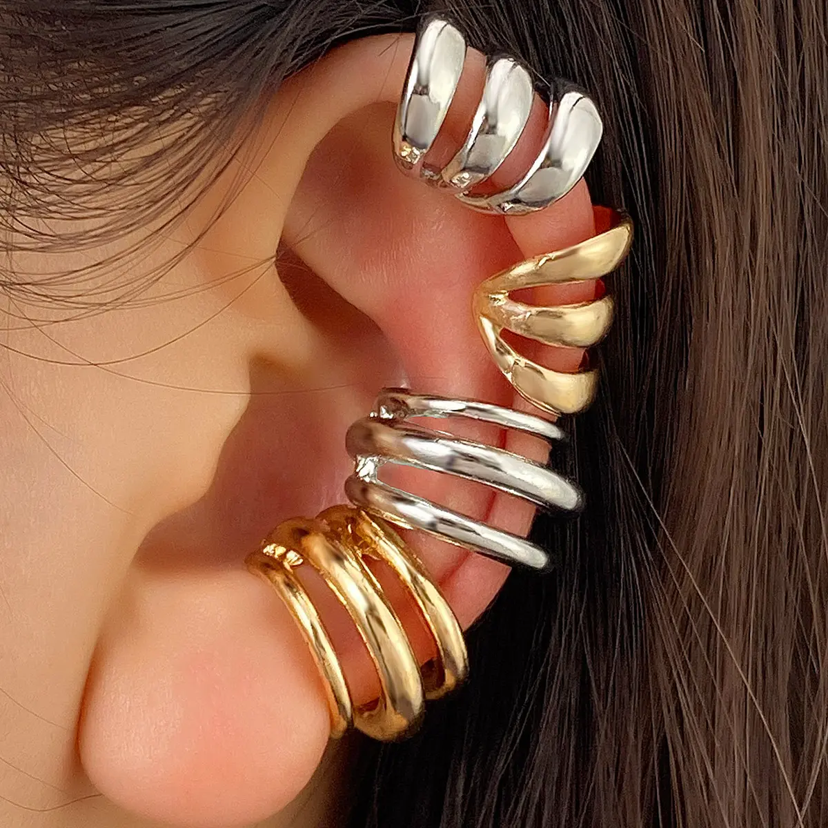 Gold Silver Ear Cuff Set for Women Non Piercing Cartilage Earrings Pack Chunky Multi Layer Wire C Shaped Clip On Two Tone Fake Piercing Jewelry Set
