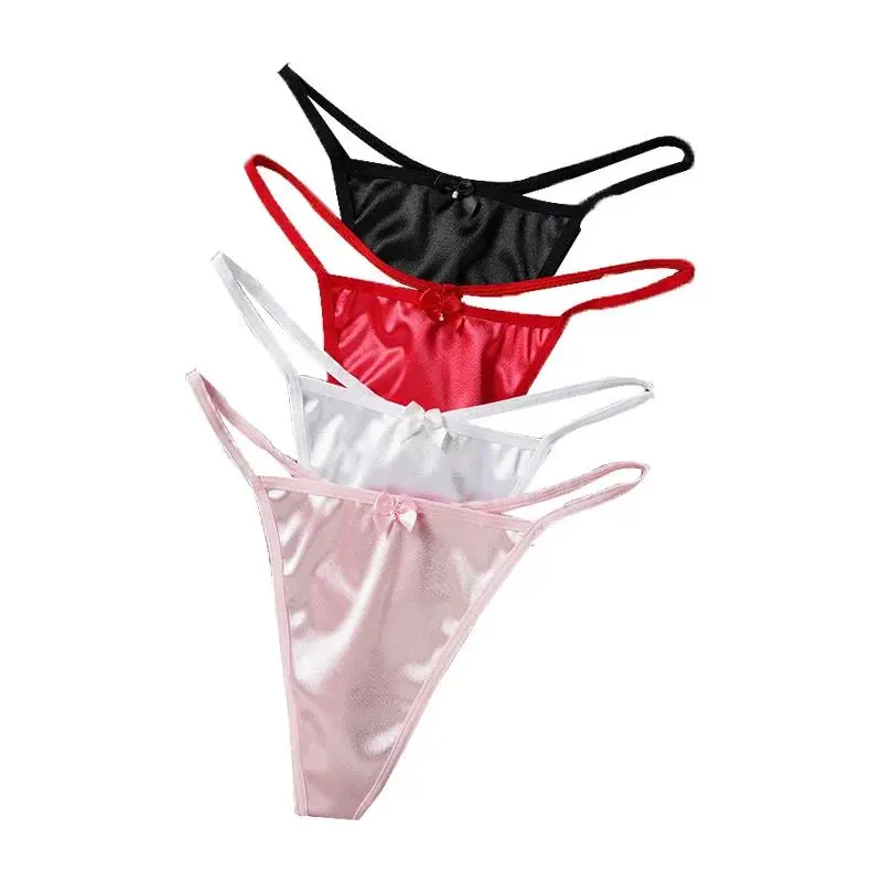 1/3Pcs Women Satin Thong Underwear Sexy Low Waist Bow G-string Cotton Crotch T-back Panties M-2XL