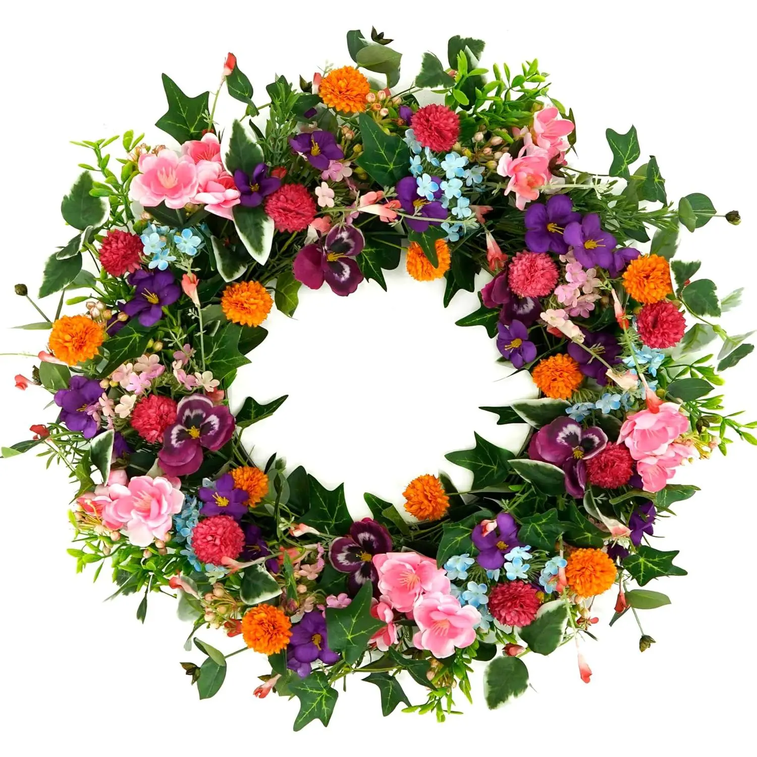 Pansy and Cherry Blossom Wreath, Spring Summer Decor, Small Chrysanthemum Flowers, Front Door Farmhouse Centerpiece