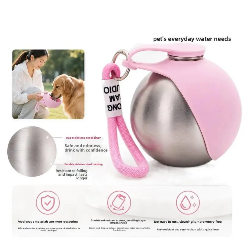 Portable Dog Water Bottle 304 Stainless Steel with Hook Collapsible Reusable Pet Water Dispenser for Outdoor Use