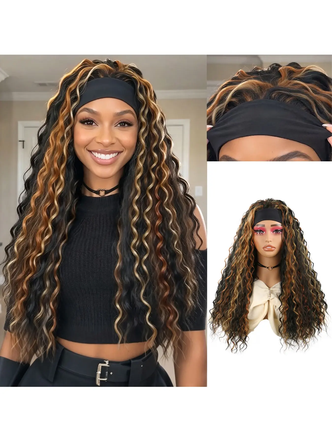 Headband Wigs Deep Wave Curly for Women 20 Inch Glueless Synthetic Hair Wear And Go Wig Natural Looking For Daily Wear Party Cosplay