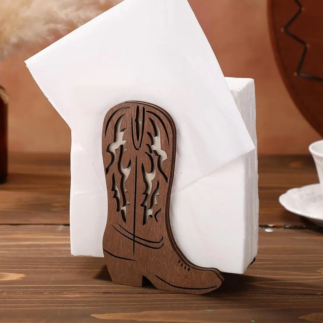 Western Cowboy Boot Napkin Holder, Rustic Wooden Stand, Open-Top Design, Sturdy Base, Farmhouse Decor, Vintage Charm, Home