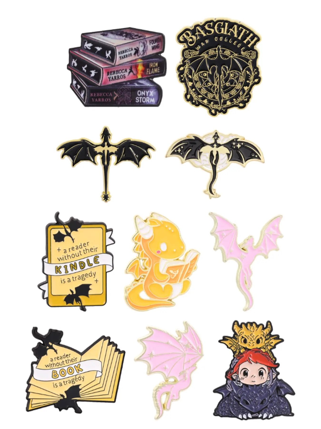 10-Piece Dragon and Book Enamel Brooch Pins Set, Fantasy Novel Lover Backpack Decoration Gift, Literary Reading Accessories