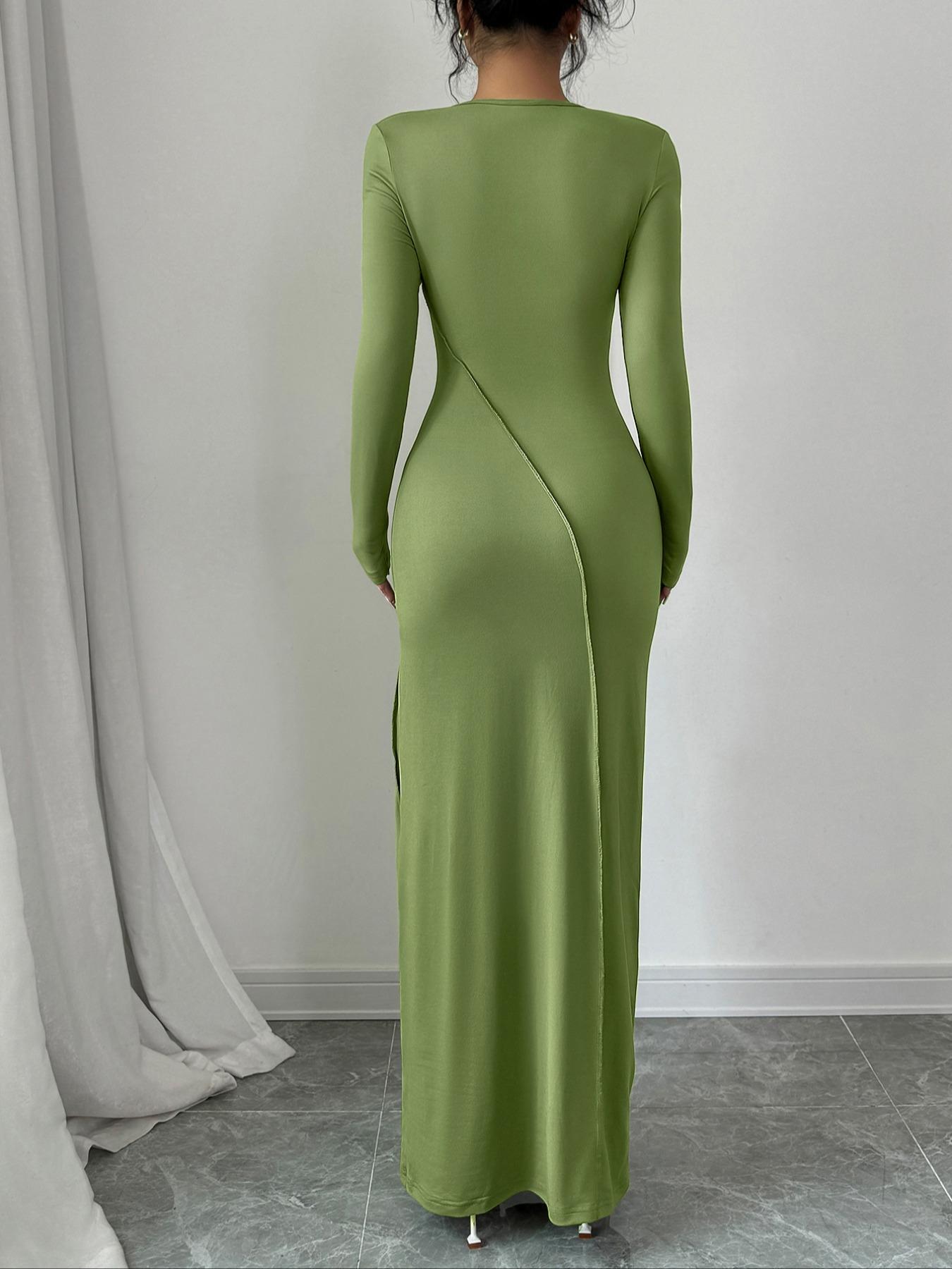 Aliling Women's Plain Round Neck Long Sleeve Dress, Elegant Modest Solid Color Dress for Evening Party Holiday Wedding Guest, Ladies Spring & Fall Clothes