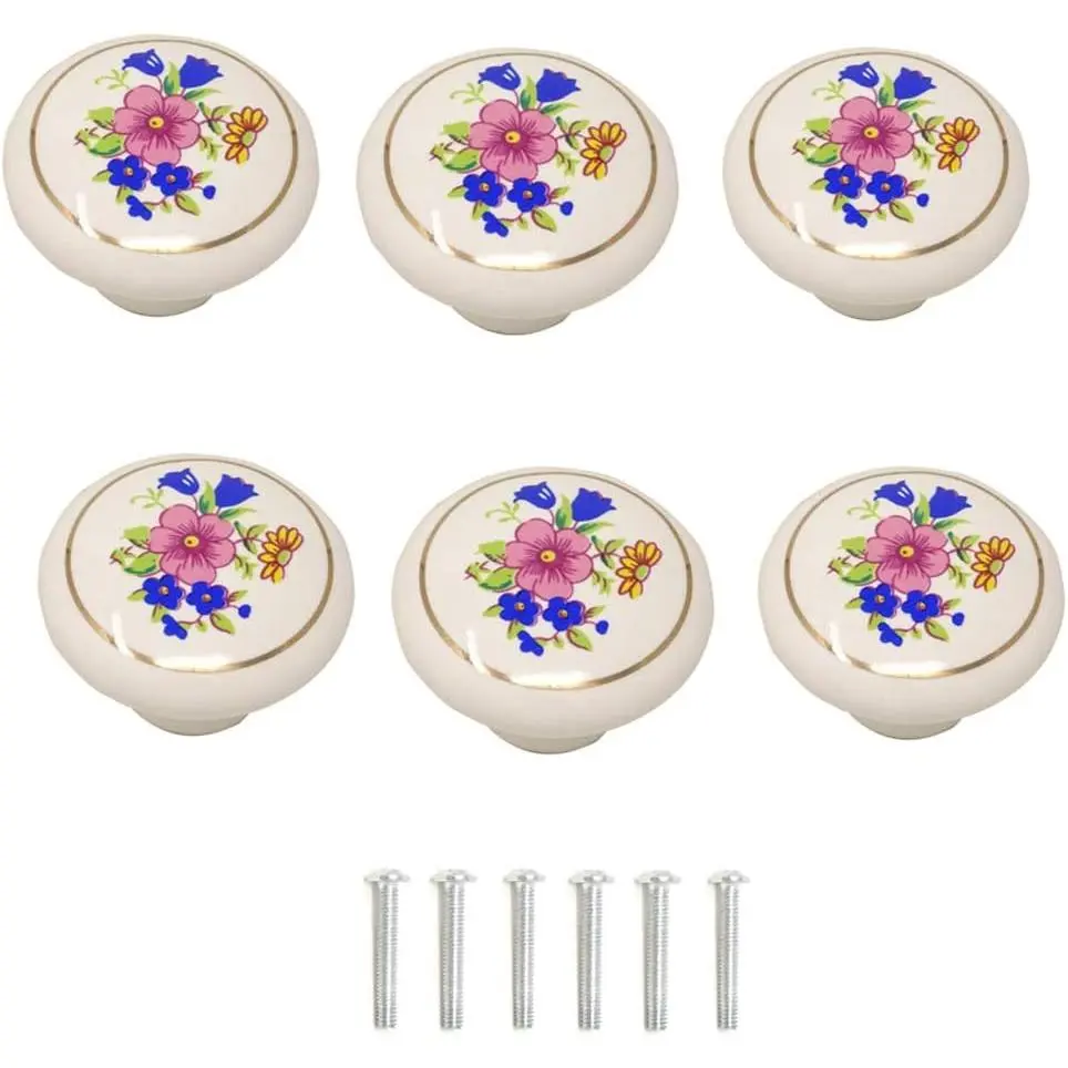 6 count 1-1/2 inch Hand Painted Ceramic Knobs Kitchen Cabinet Retro  Door Drawer Handles Pulls for Dresser Cupboard Wardrobe (Orchid)