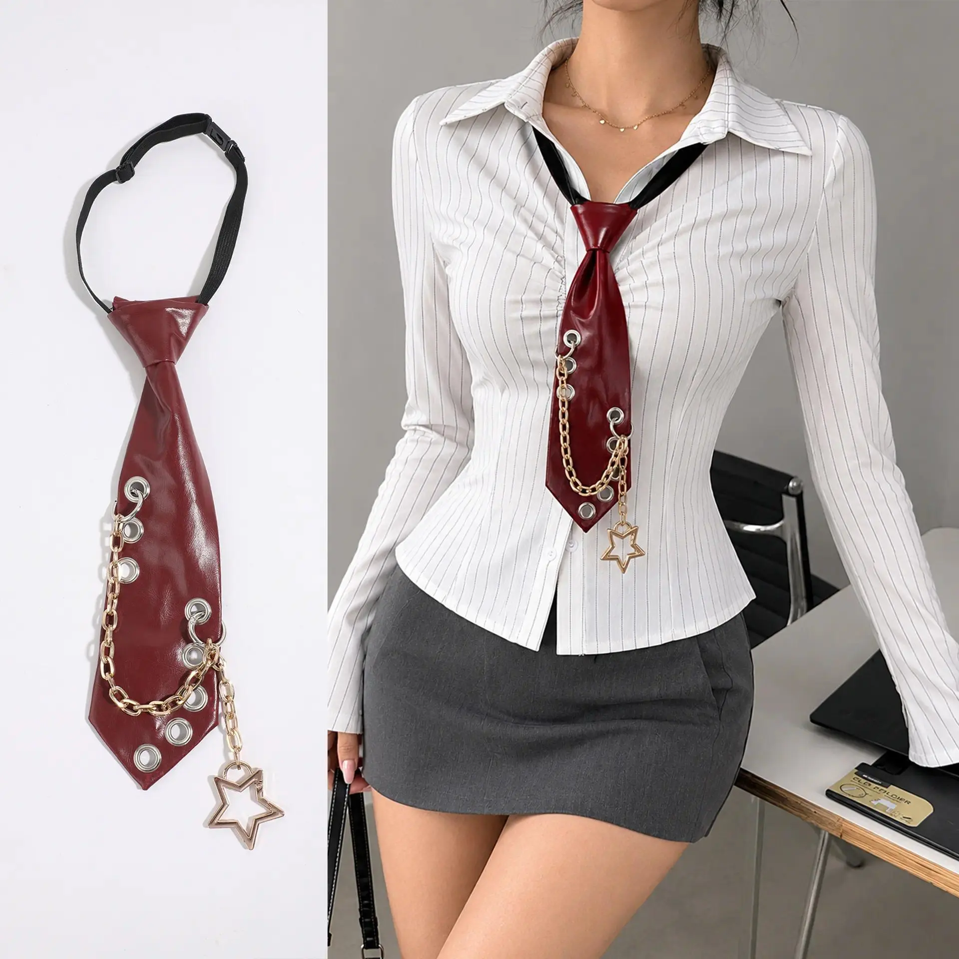Y2K Neck Tie for Women, Faux Leather Pre-Tied Necktie with Gold Chain, Hollow Star Pendant & Metal Eyelets, Wine Red Punk Gothic Collar Accessory for Shirts, Concerts, Parties & Cosplay