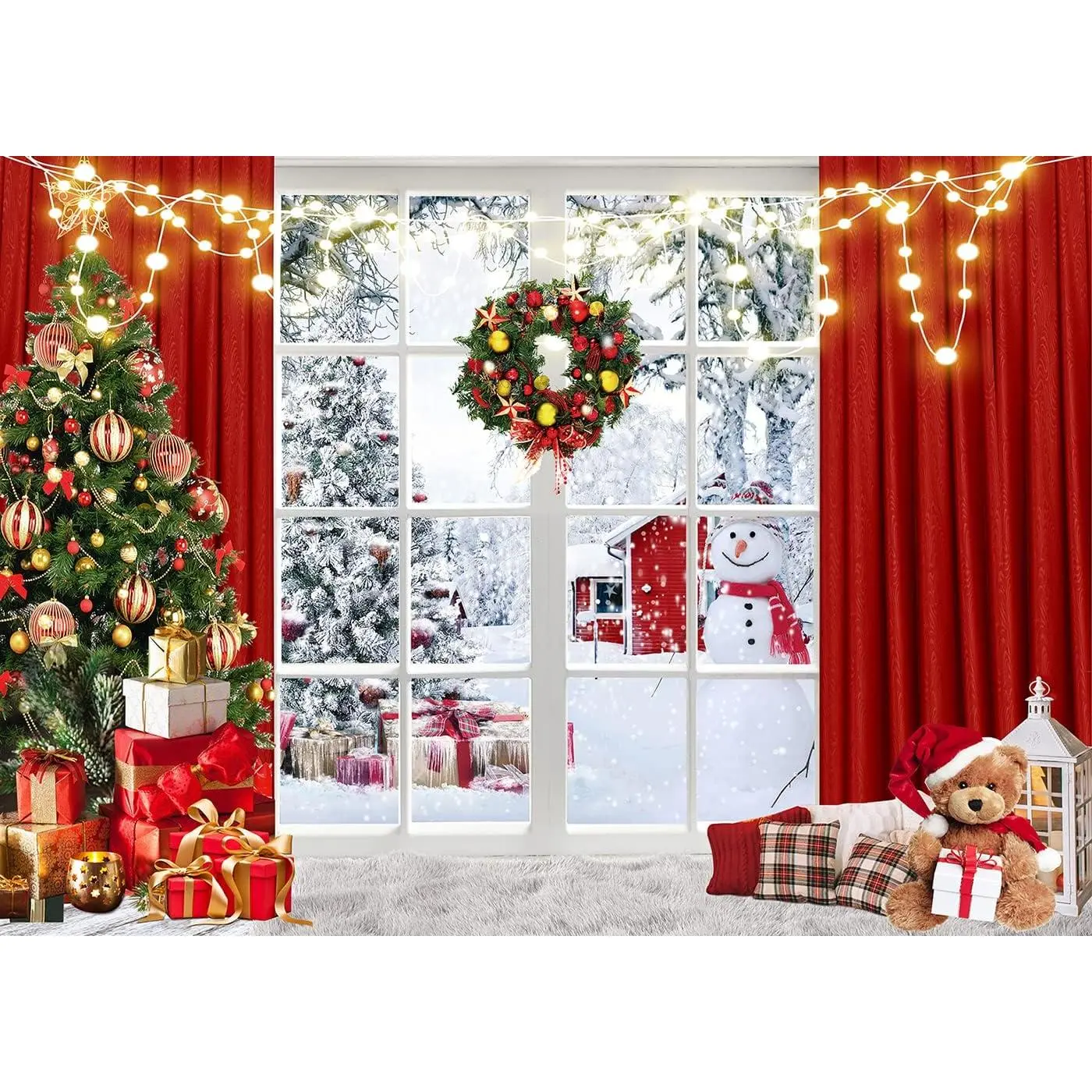 Christmas Window Backdrop 7x5ft Red Curtain Photography Backdrop Winter Xmas Party Banner Decorations Background Xmas Holiday Party Photo Booth D649