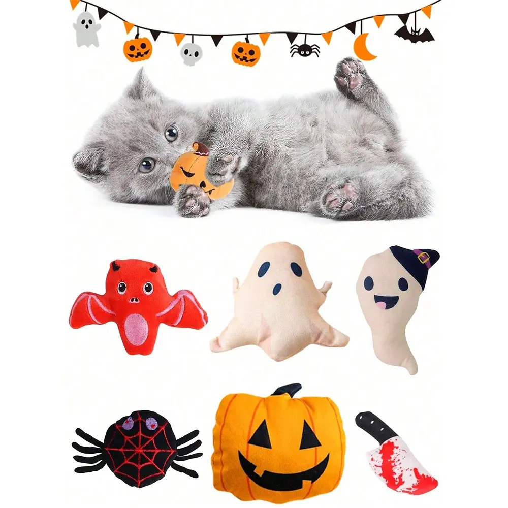 1-Piece/2-Piece/4-Piece Halloween Cat Toys Pumpkin, Ghost, Spider, Scary Knife-Shaped Toys Chewable Plush Toys Cat Interactive Toys Promotes Exercise and Interactive Play Interactive and Engaging Brings Endless Fun Holiday