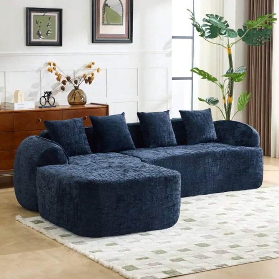 L-Shaped Chenille Compressed Sofa Couch With Curved Armrests And 4 Throw Pillows, Sectional Cloud Couch With Elastic Sponge, Modern Living Room Modular Boneless Sectional Sofa Apartment, Bedroom, Room, No Assembly Required