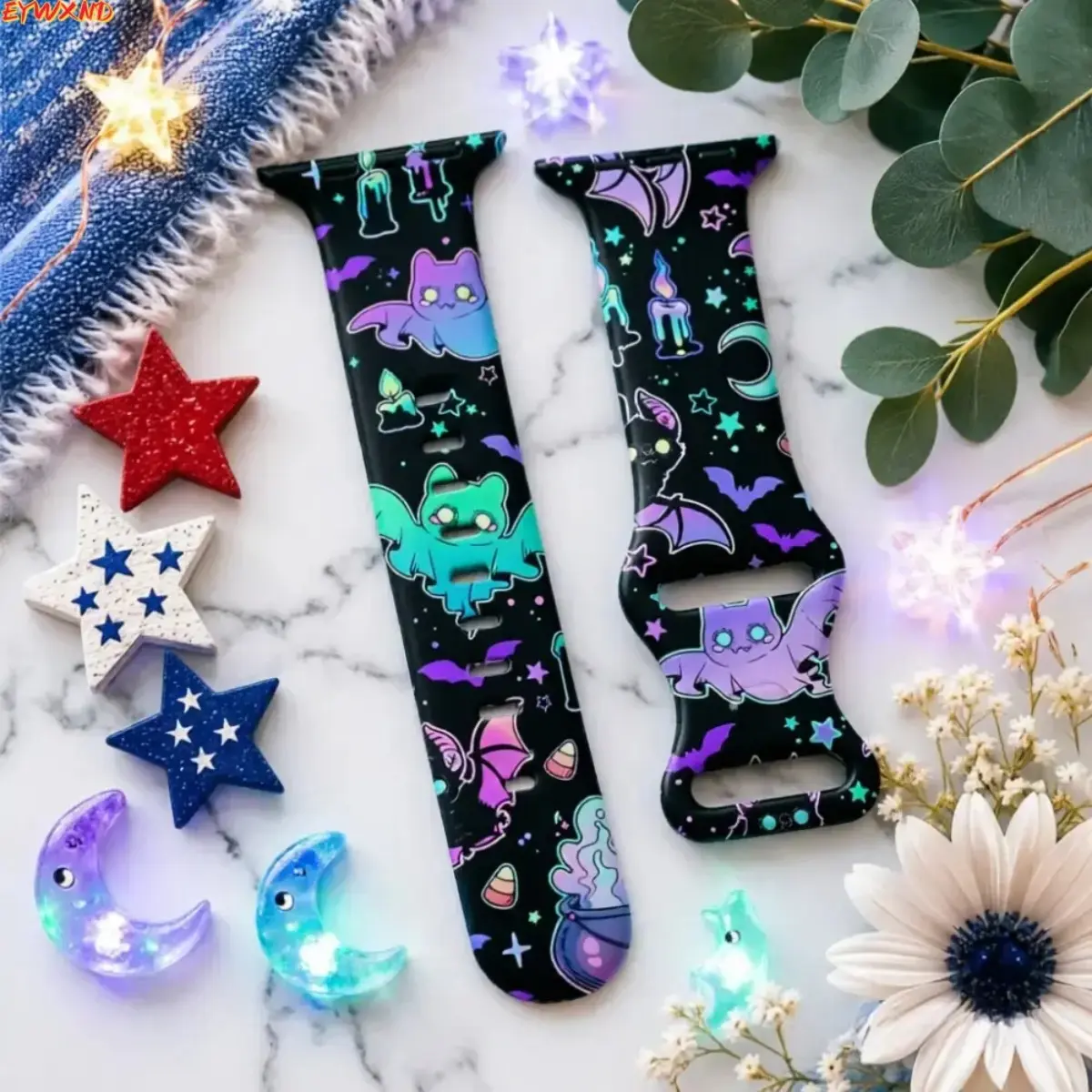 EYWXND Pastel Neon Bat Witch Cauldron Print Silicone Watch Band, Y2K Gothic Halloween Adjustable Replacement Strap Compatible with Apple Watch, Spooky Cute Holiday Wrist Accessory