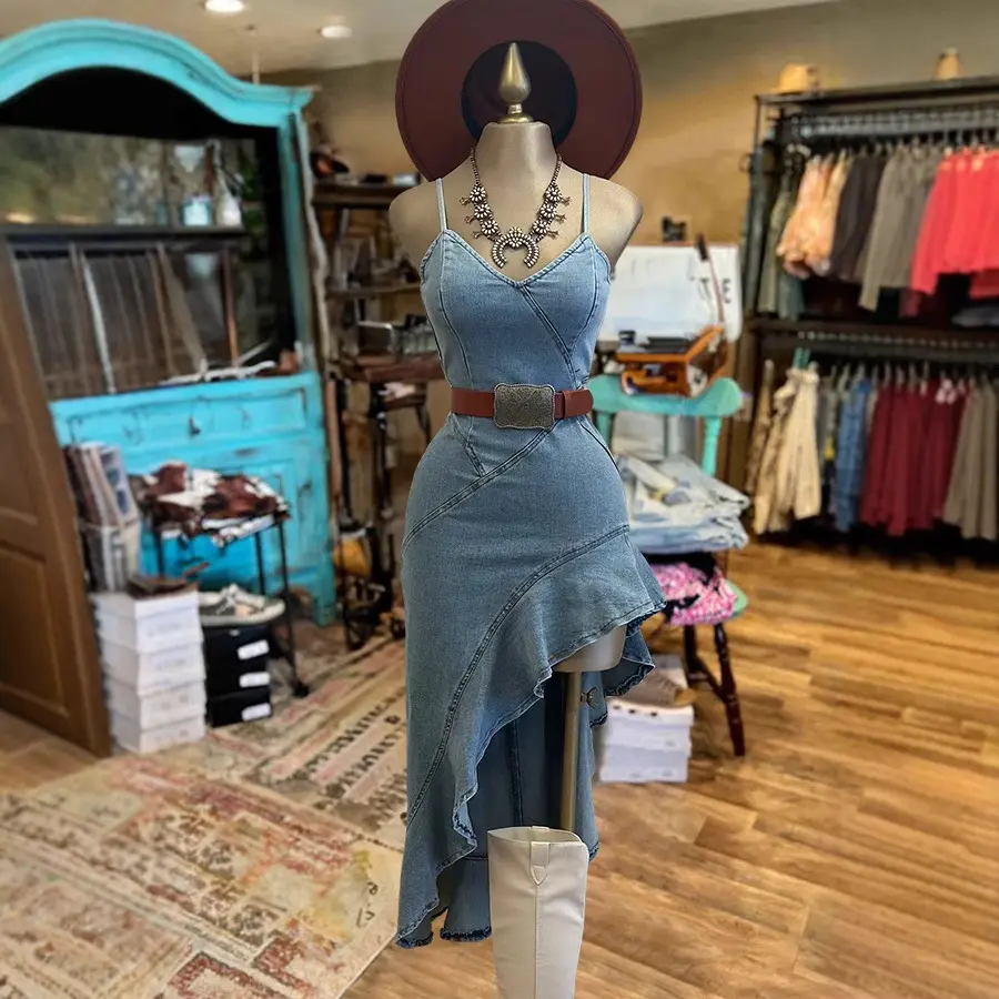 Denim suspender dress with one-sided asymmetrical hem
