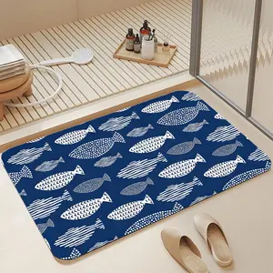 Minimalist Navy Blue White Striped Dot Abstract Fish Soft Diatomite Bath Mat 16*24 Inch |   Instant Water Absorbing Non Skid Anti-Mold Shower Rug Stylish Nautical Coastal Marine Bathroom Decor Mat for Ocean & Beach Lovers