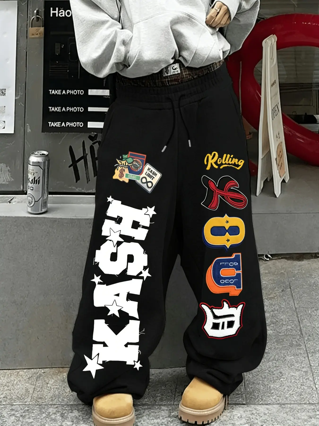 Unisex Graphic Loose-Fit Trousers, Colorblock Plaid Waistband, Comfortable Knitted Fabric, Versatile for Skateboarding, Music Festivals, Campus Style