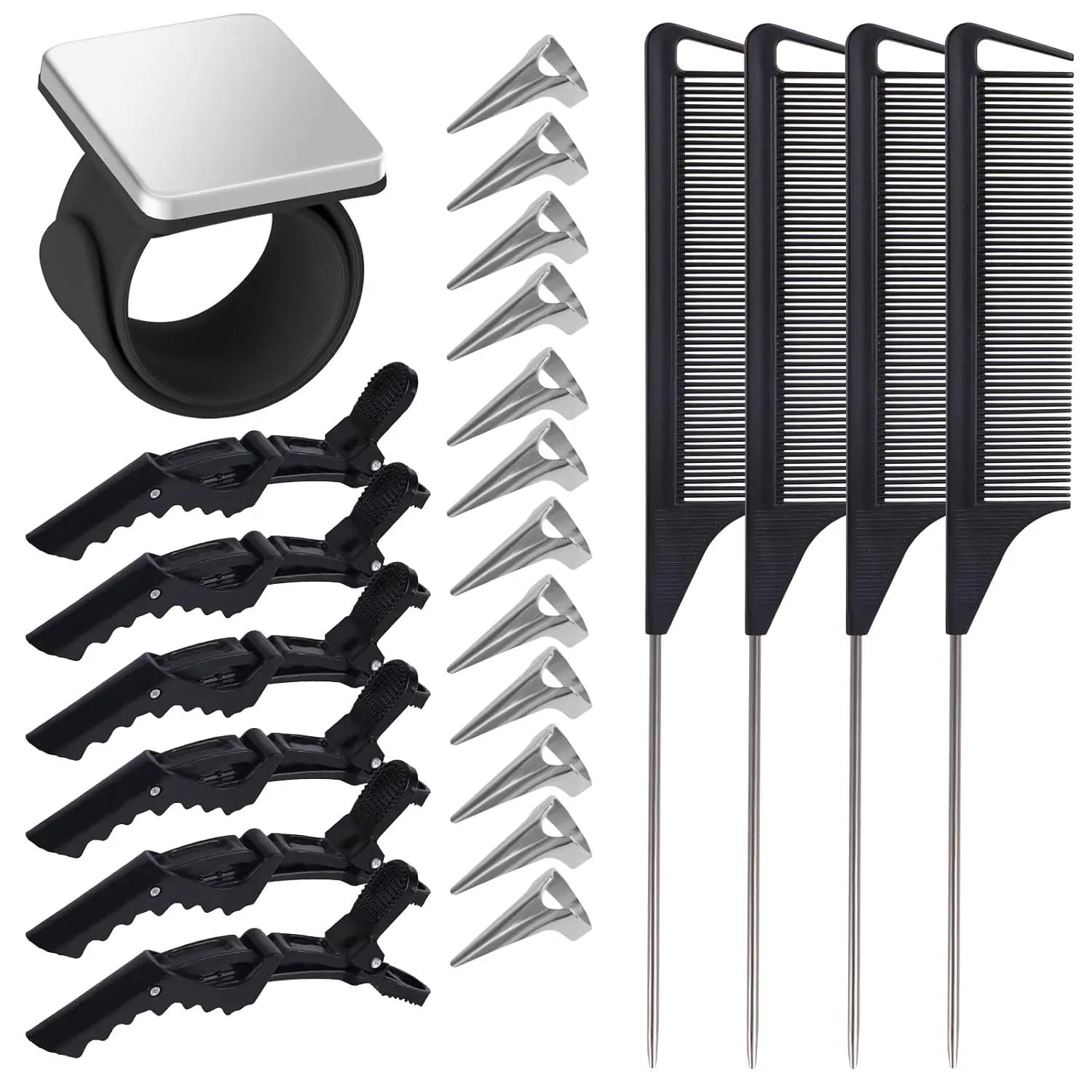 23-piece hair braiding tool set, hair sectioning tools, hair sectioning comb| Magnetic wristband hair clip organizer, 6 hair clips, 4 pointed combs, 12 hair ties for braiding