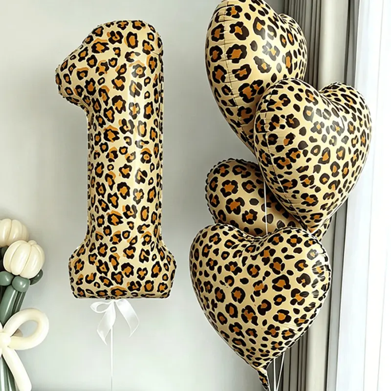 5-piece set includes one 40-inch leopard print number 0-9 balloon and four 18-inch leopard print heart foil balloons. A leopard print themed birthday, wedding, party, or other party decoration balloon set Balloon Party Supplies