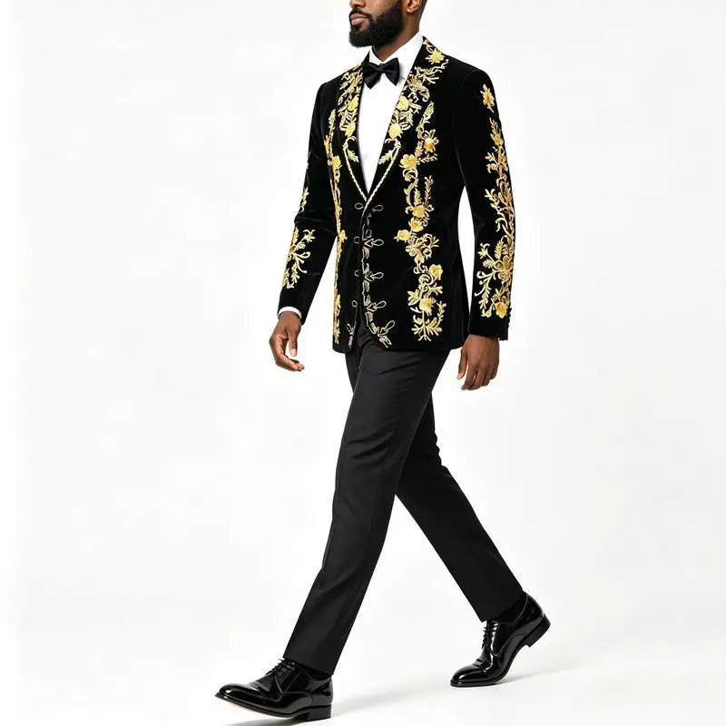 Mens Stylish Court Prince Black Velvet Gold Embroidery Blazer Suit Jacket