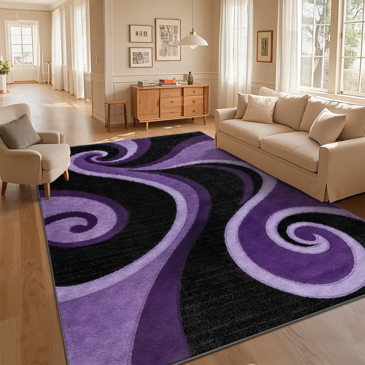 Local Delivery Multi Sizes Velvet Dark Purple Single Soft Wavy Swirl Abstract Rug Washable Non Slip Boho Farmhouse Runner Nursery Indoor Decor Rug