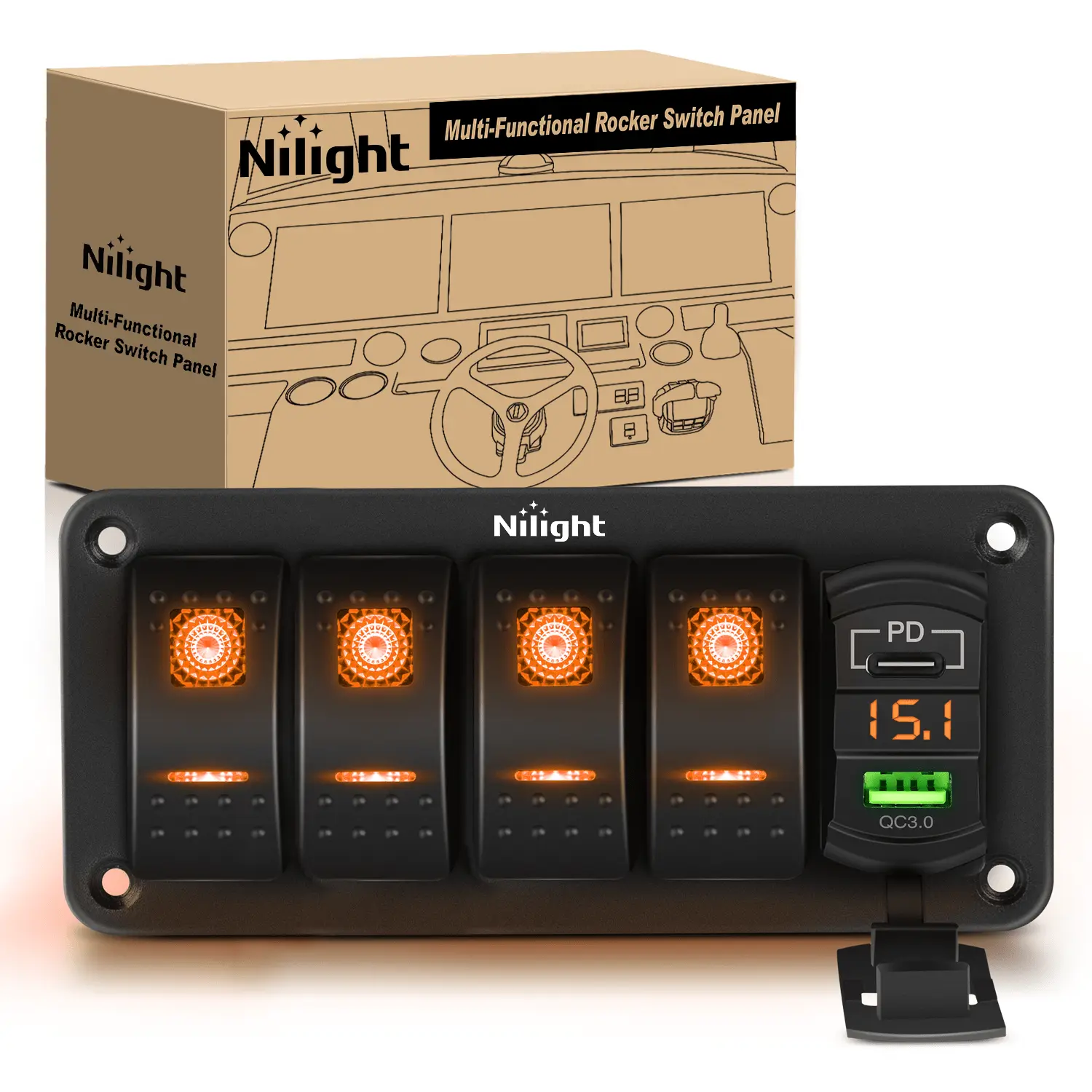 Nilight Aluminum Pre-Wired 4-Gang 5-Pin SPST Offroad Rocker Switch Panel with PD/QC3.0 Charger, Orange LED Backlight, Voltmeter, DIY Stickers, 4 Screws, ABS Housing for 12V/24V DC LED Light Bars, Trailers, Backlit