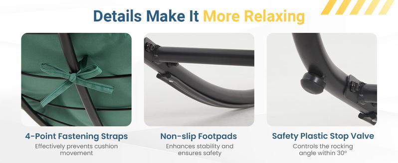 RoyalCraft Patio Rocking Chair with Ottoman, Outdoor Indoor Rocking Egg Chair with Cushions, Metal Lounge Chair Oversized Papasan Chair, Outdoor Wicker Reading Chair for Porch Garden, Green