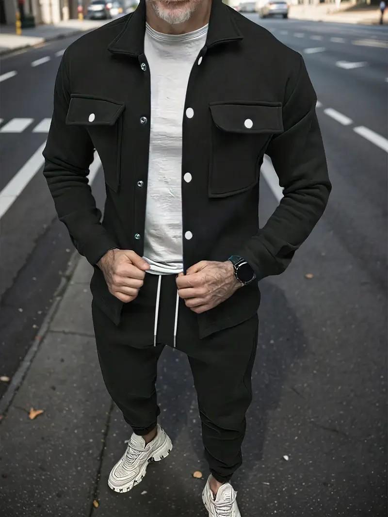 Men's two-piece set men's fashion solid color pocket open button lapel jacket and solid color set formal long sleeved