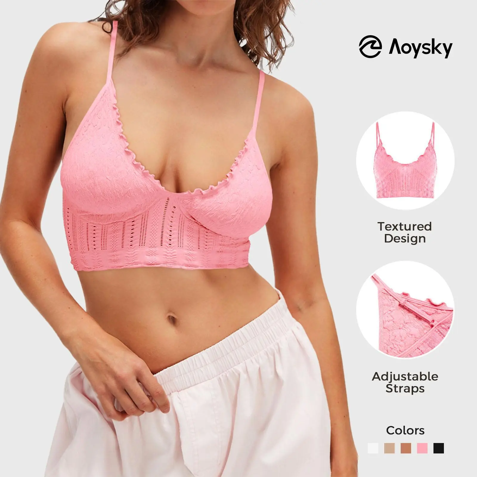Women's Bralette, Seamless Textured Deep V-Neck Triangle Croptop with Spaghetti Straps, Wire-Free for Daily Wear & Yoga, Croptop Bralette