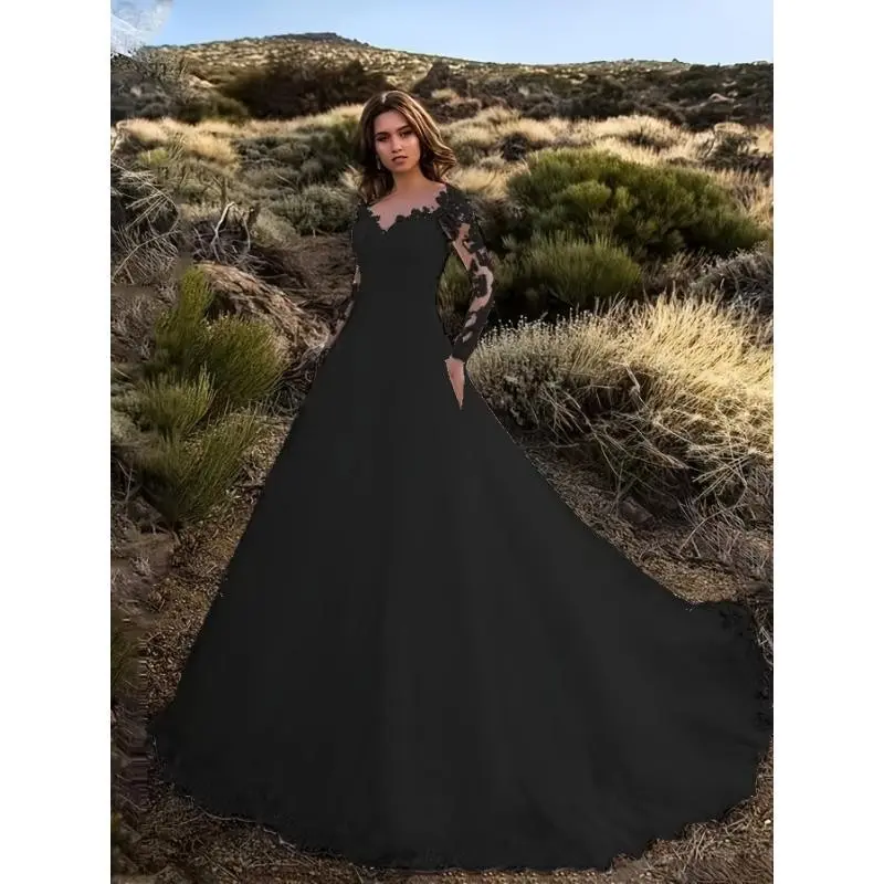 ElegantV-NeckLongSleeveMermaidWeddingDress-BlackSolidColorwithLaceDetailing,FlowingDesignforWeddingsandFormalEvents,WeddingDressesforBrideFabricWomenswear