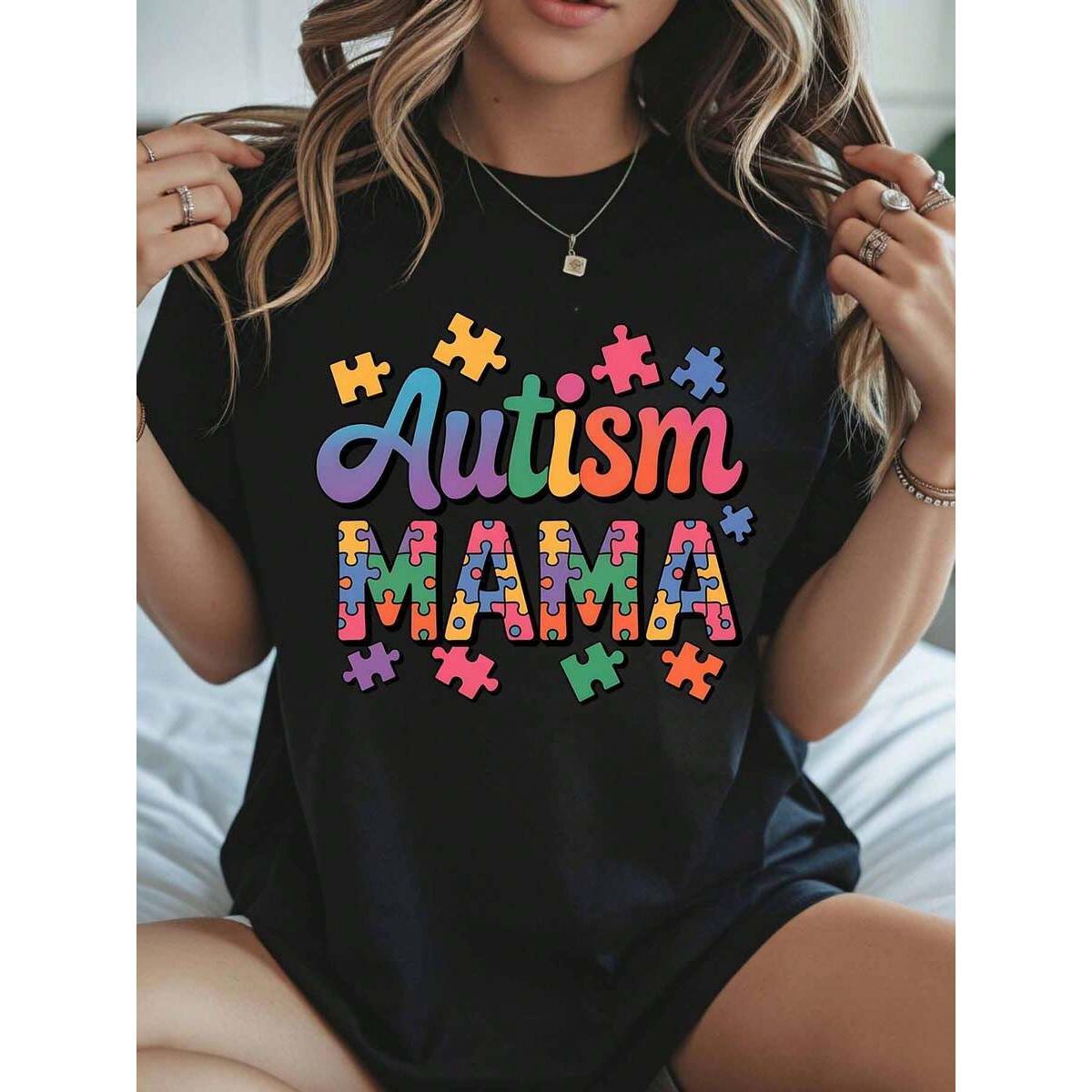 Autism Mama T Shirt, Colorful Puzzle Pieces Design For Autism Awareness Mothers Day Gift Women Casual Wear Top,Comfortable & Breathable Material,Everyday Outfit,Machine Washable Casual Top