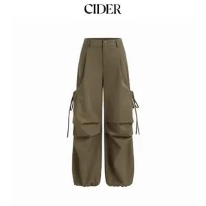 Cider Low Rise Elastic Waist Pocket Wide Leg Cargo Pants