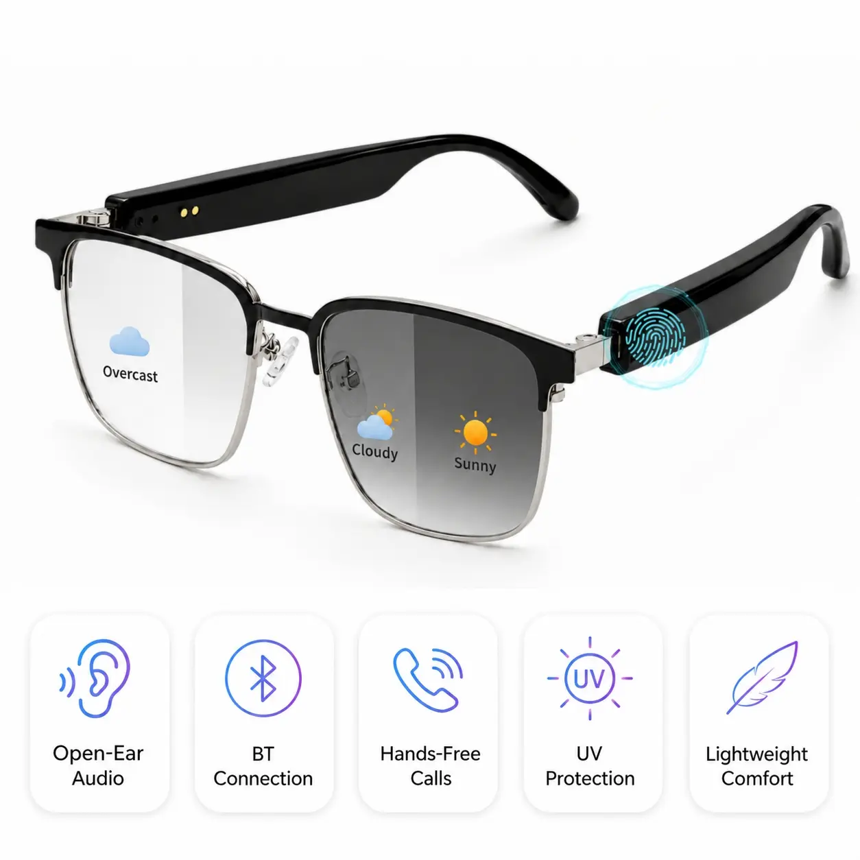 Photochromic Bluetooth Smart Glasses for Men Women, Open-Ear Audio Sunglasses with Music, Hands-Free Calls and UV Protection for Cycling Running Driving